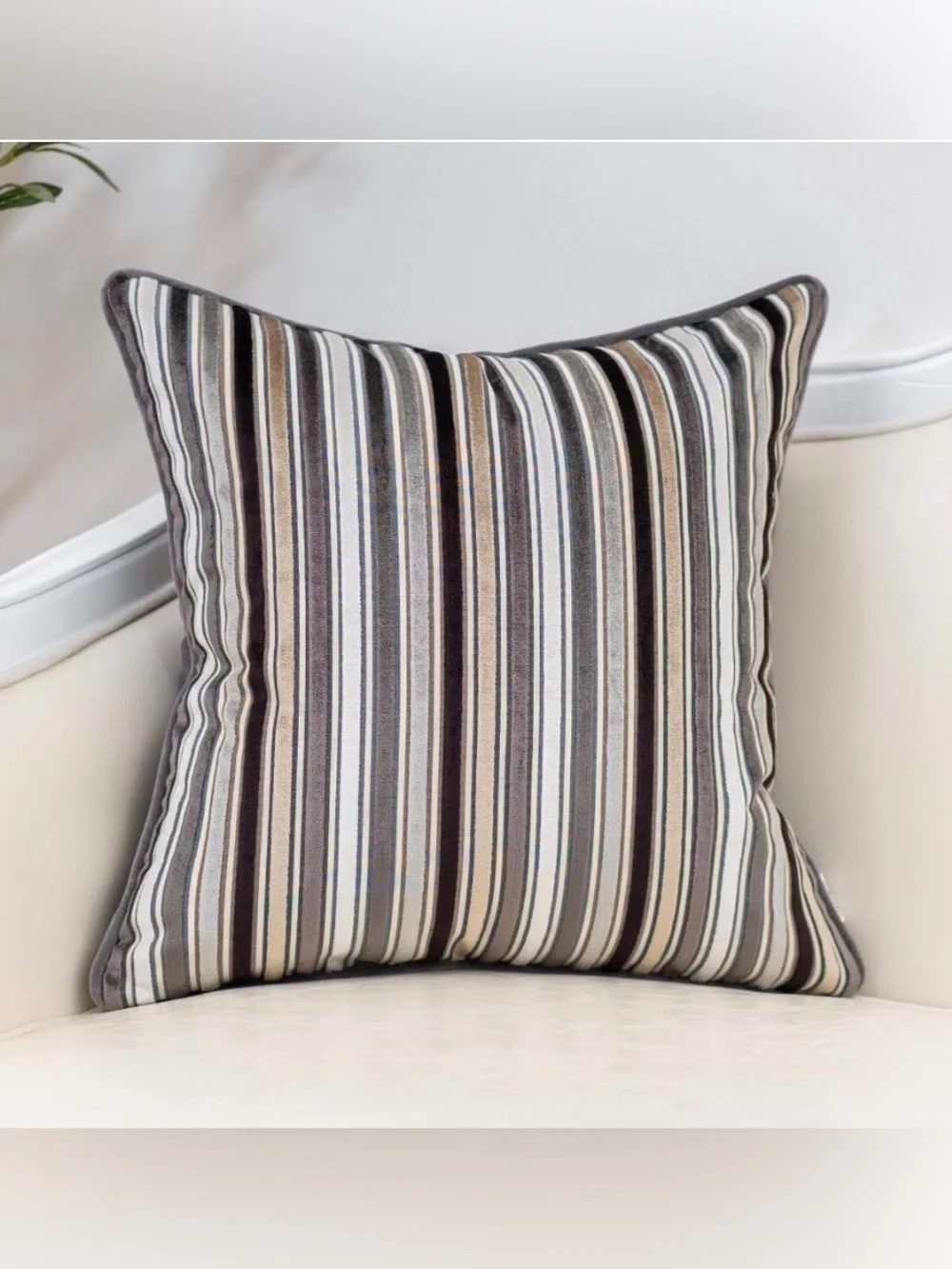 Striped Velvet Pillow Cover SQUARE 18x18” BLACK GRAY (1-count)